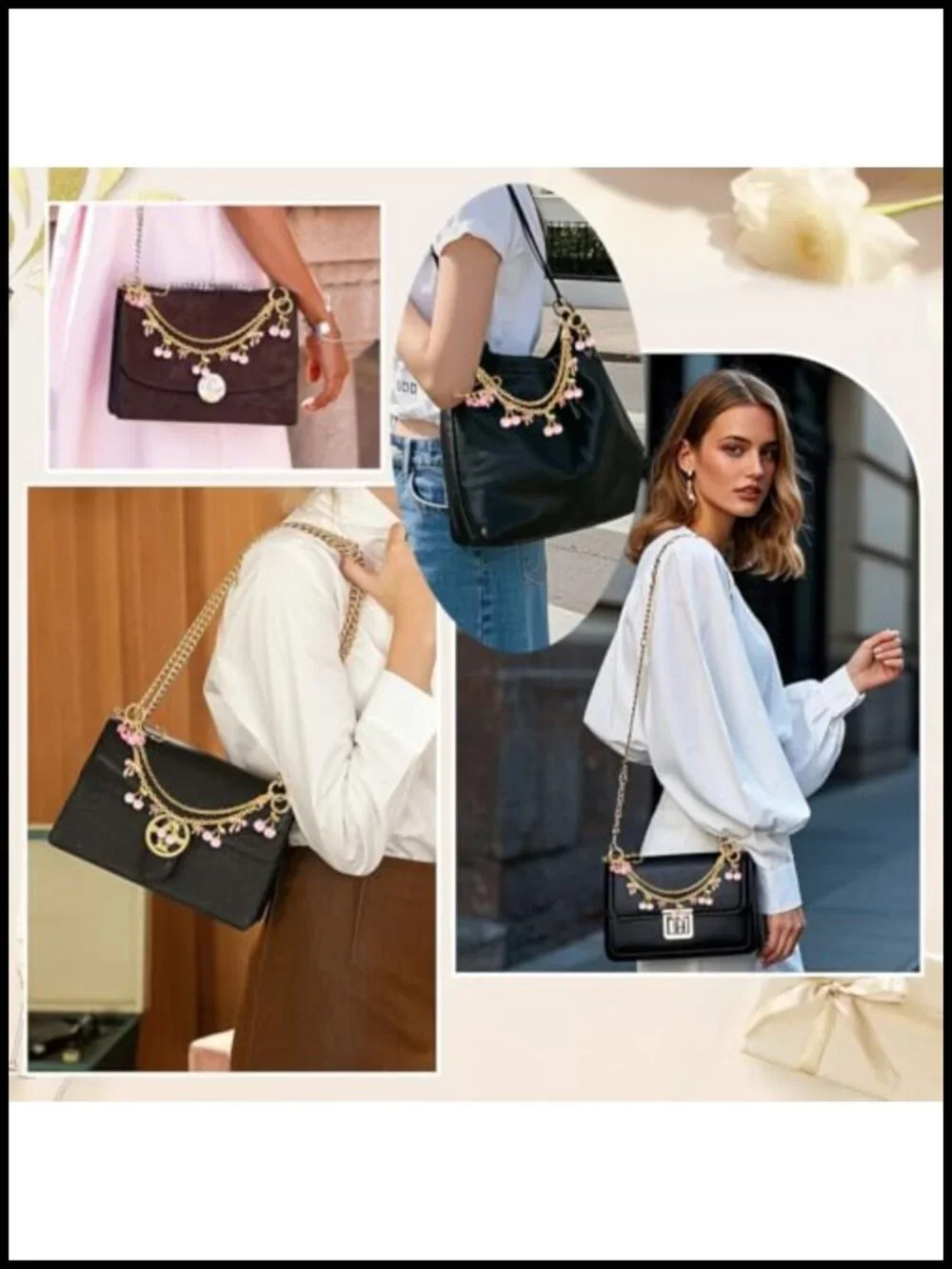 3pc Metal Bag Charms Set w/ Safety Pin & Keychain Gold-Tone Purse Charms